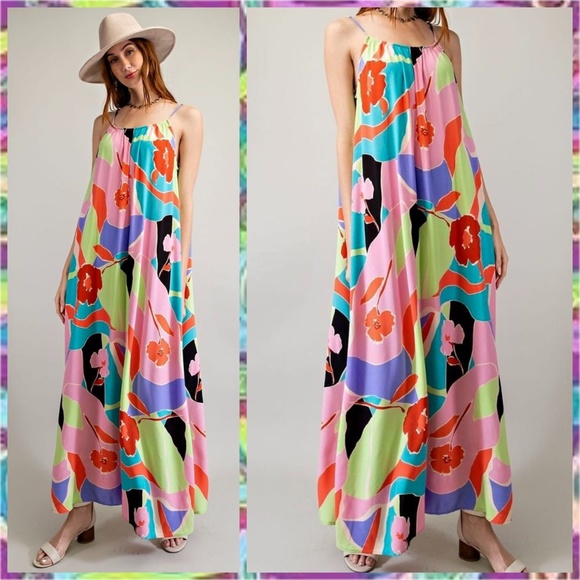 📌 EASEL Tropical Pucci-Like Floral Print Flowy Maxi Cami Dress Adjustable Straps - Picture 8 of 16